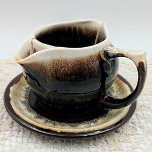 Vintage Pfaltzgraff "Gourmet Brown" Drip Glaze Gravy Boat with Under Plate